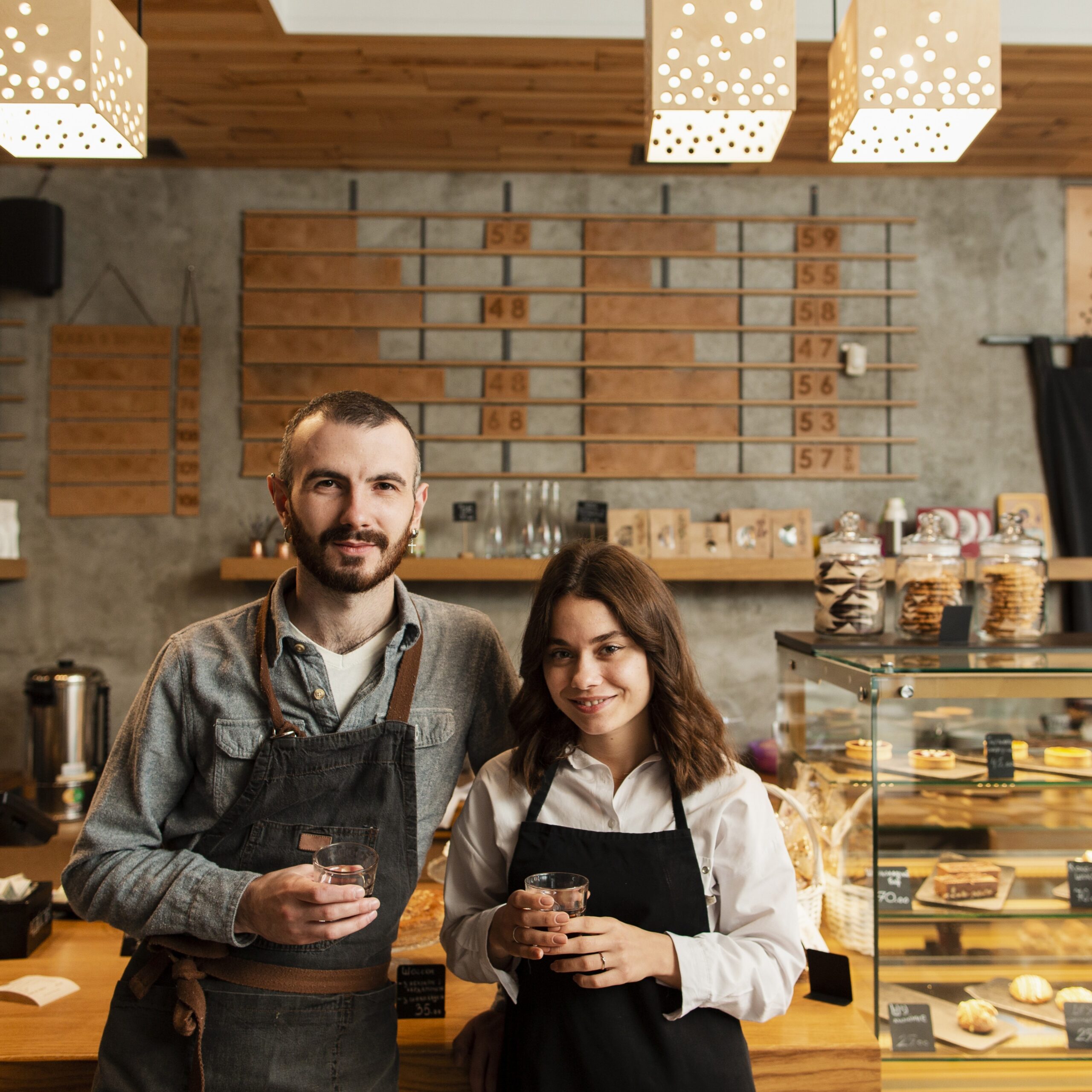 carré couple-en-tabliers-posant-avec-des-tasses-de-cafe